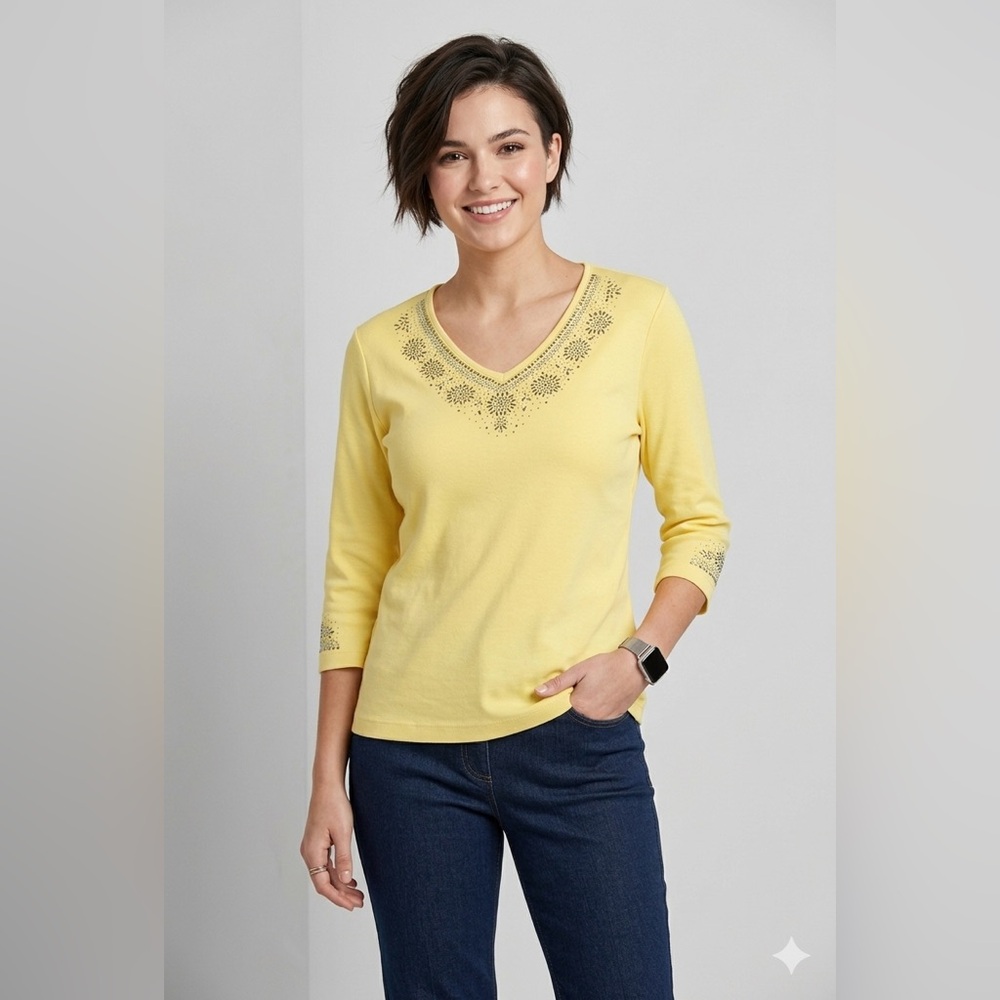 Christine Alexander Embellished V-Neck Top - Yellow